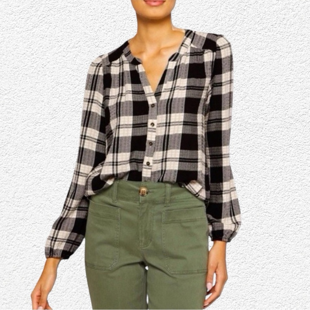 🌺MASON & BELLE PLAID V NECK BUTTON DOWN TIE SLEEVES BLOUSE